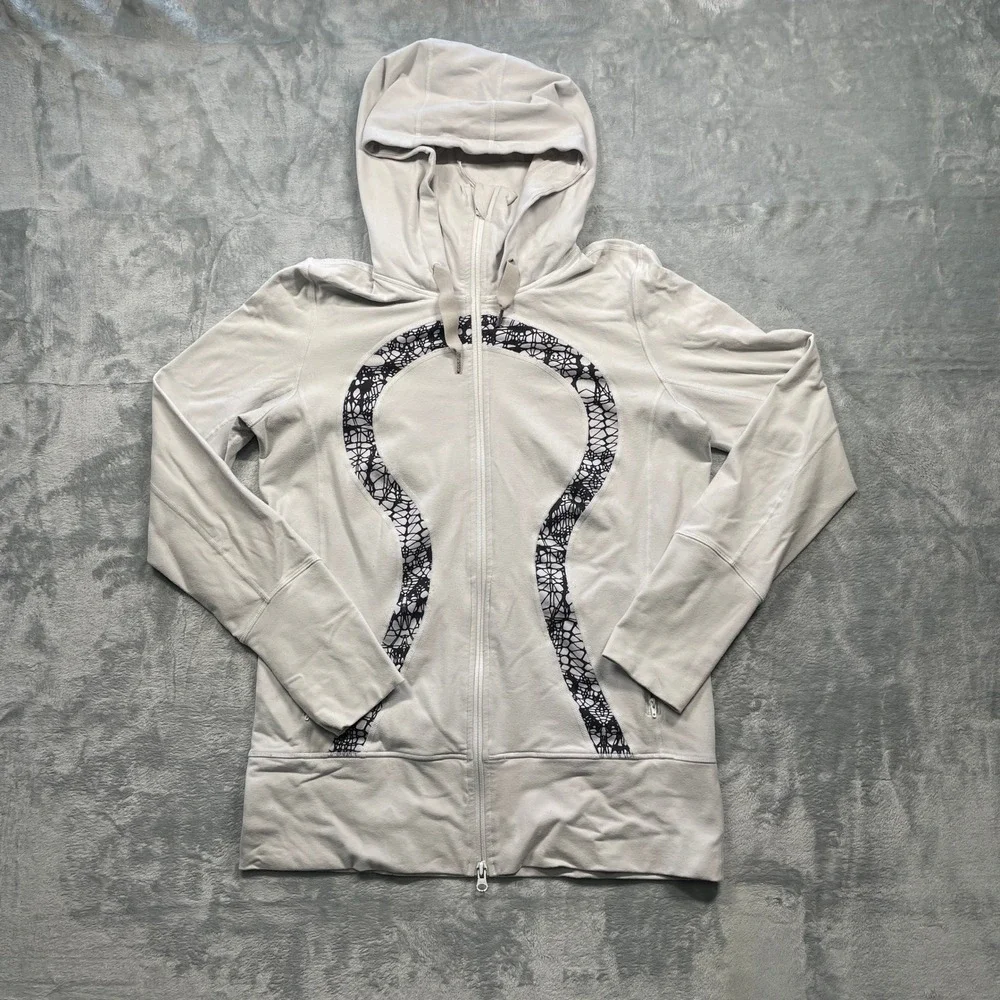 Lululemon‎ Stride II Scuba Full Zip Hoodie Thumbholes Light Gray Black Womens M